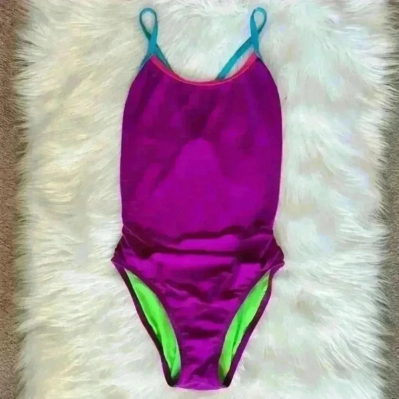 90’s Colorblock Racerback Neon One Piece Swimsuit - Picture 1 of 6